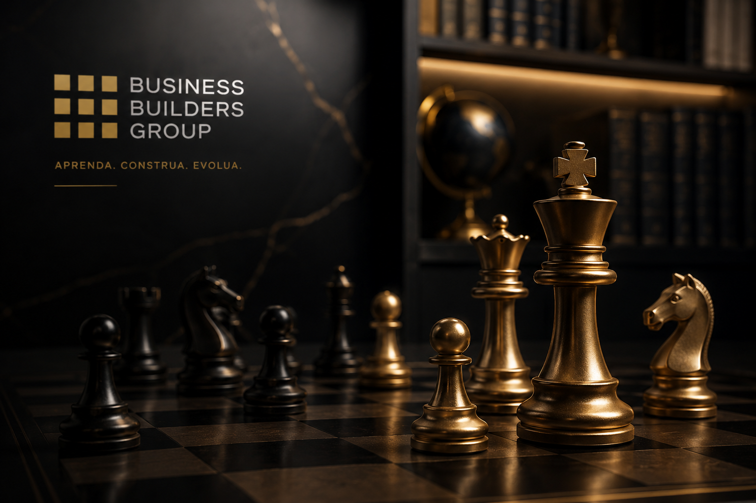Tabuleiro de xadrez dourado com a marca Business Builders Group